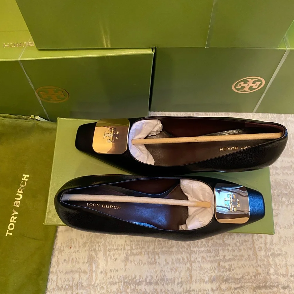 Tory Burch Black Leather Wedge Pumps with Gold Logo Plaque